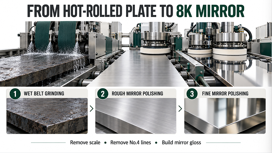 ¿Por qué el acero inoxidable laminado en caliente necesita el rectificado n º 4 antes del pulido con espejo 8K